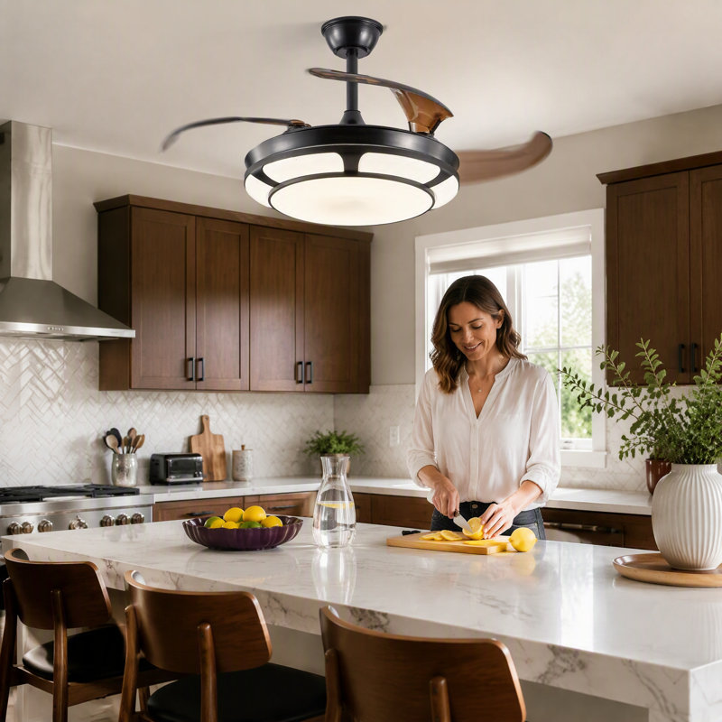 42" Black Modern Retractable Ceiling Fan with Light, Dimmable Remote Fandelier
