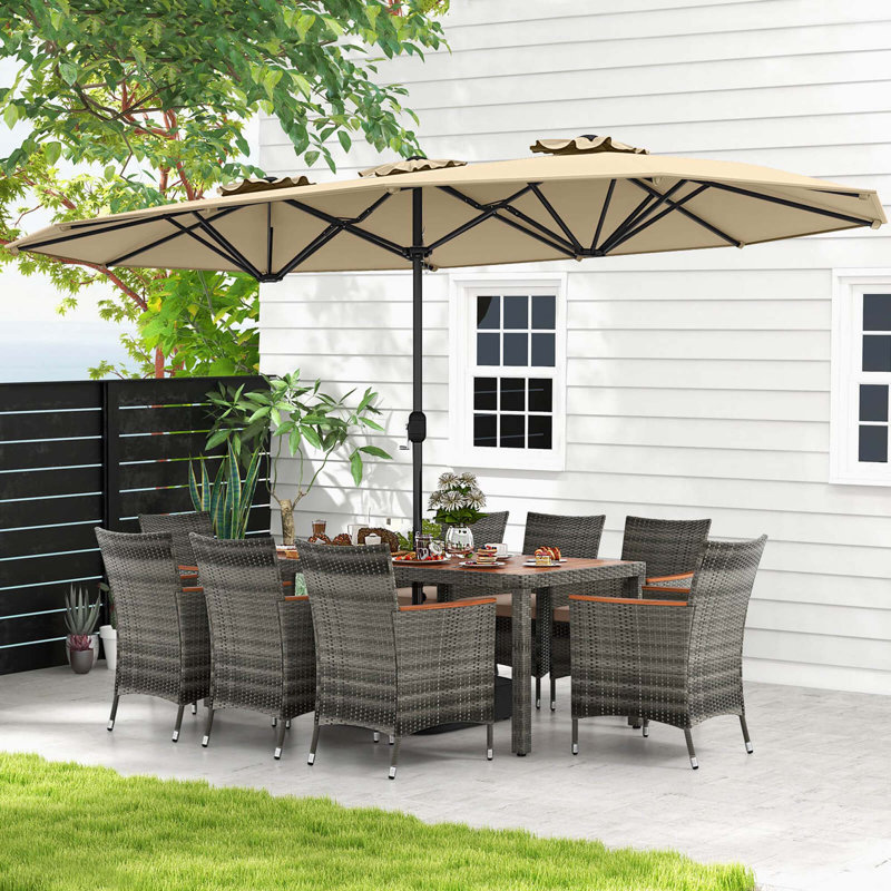 Red Barrel Studio® 10 Pieces Patio Wicker Dining Set With Double-sided Patio Umbrella 8 Armchairs Coffee, Beige