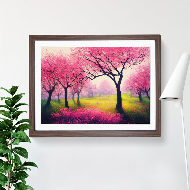 Illuminated Cherry Blossom Trees - Single Picture Frame Print, 46cm H x 64cm W x 2cm D, Walnut
