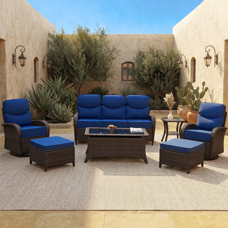 Patio Furniture Set with Luxury 6" Cushions, 7 Pieces High Back Swivel Rocking Patio Chairs, Couch and Ottoman, Outdoor Wicker Conversation Set for Deck, Porch, Backyard, Poolside, Blue