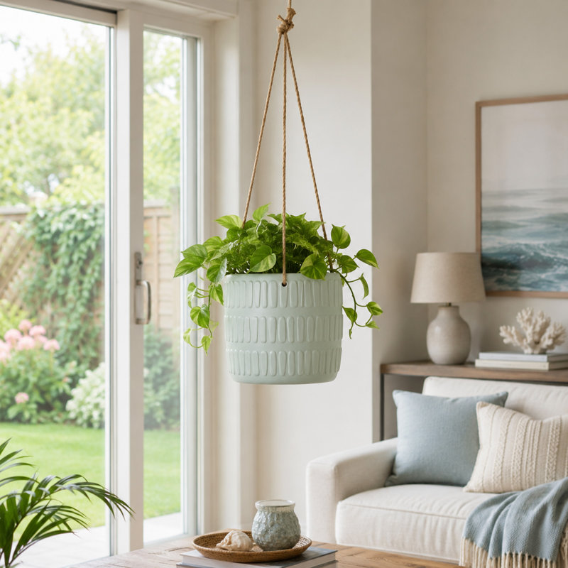 6"H  Embossed Mint Vertical Ridge Hanging Planter