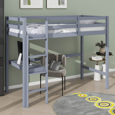 Elevated Twin Rubber Wood Loft Bed With Safety Guardrail Built-In Desk And Ladder