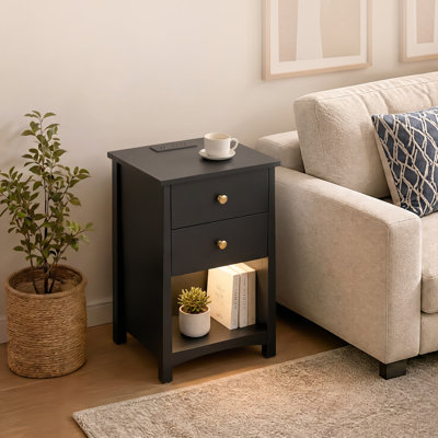 Ensemble de 2 tables de chevet modernes avec station de charge - ports USB et prises de courant - tiroirs de rangement et tablette ouverte - tables de chevet contemporaines pour la chambre à coucher ou le salon, noir