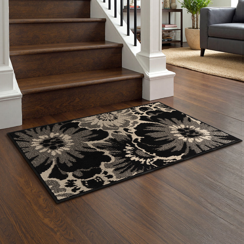 Paillasson antidérapant à motif floral lavable, L 24 po x L 36 po, Black/Beige