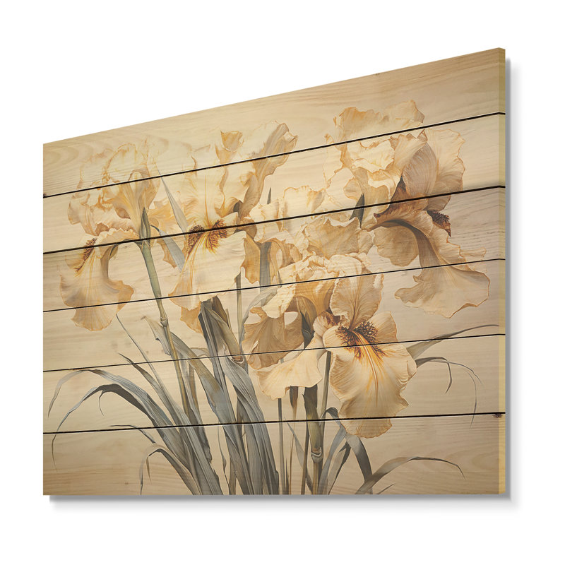 Minimalisme beige et doré, iris I - Art mural en bois sur bois de pin naturel, H 24 po x l 32 po