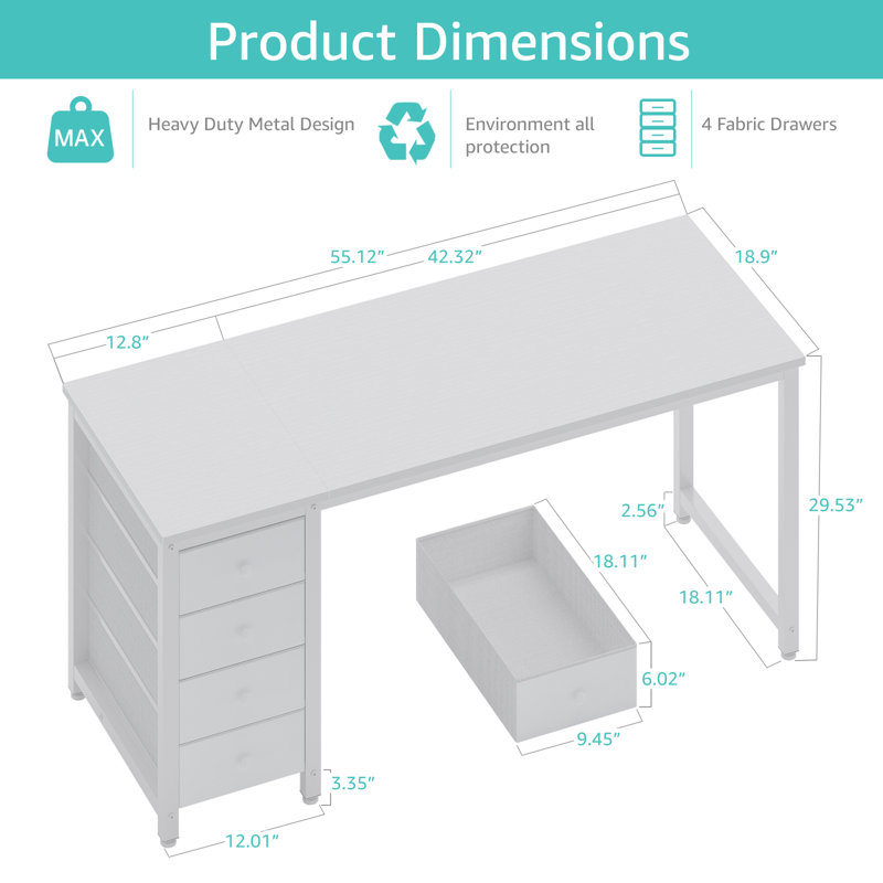 Bureau d'ordinateur à 4 tiroirs avec bureau en tissu, Blanc, Blanc