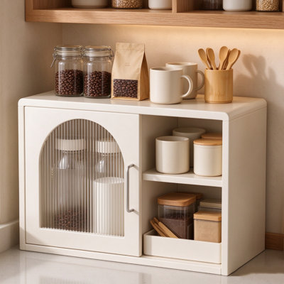 Comptoir de bar à café crème en acier au carbone, armoire de bureau 19,69 ", station de coin café, organisateur de tasse avec portes, organisateur de tiroir pour sachets de thé pour le rangement des tasses et des capsules
