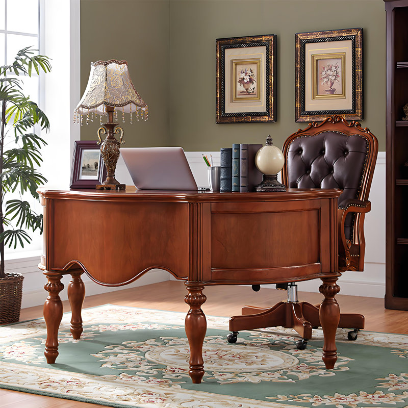 Bureau de direction rétro en bois massif rouge-brun de style américain rétro, bureau demi-rond européen classique Boss