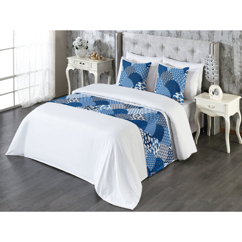 Ambesonne Ocean Waves Bed Runner Set Abstract Japan Pattern Dark Lavender White, King