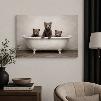 Rustic Bear Cubs Bathtub Artwork, Bathroom Pictures, Framed Canvas Giclee Print Wall Art