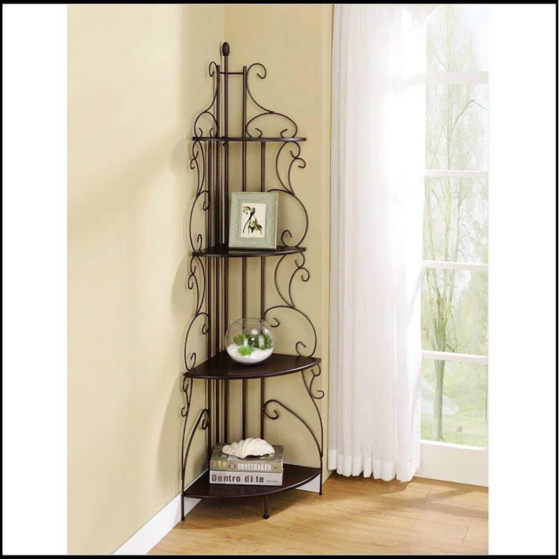 Bibliothèque d'angle à 4 tablettes avec rangement spacieux Cappuccino, idéale pour un décor traditionnel et moderne, maximisant l'espace inutilisé.