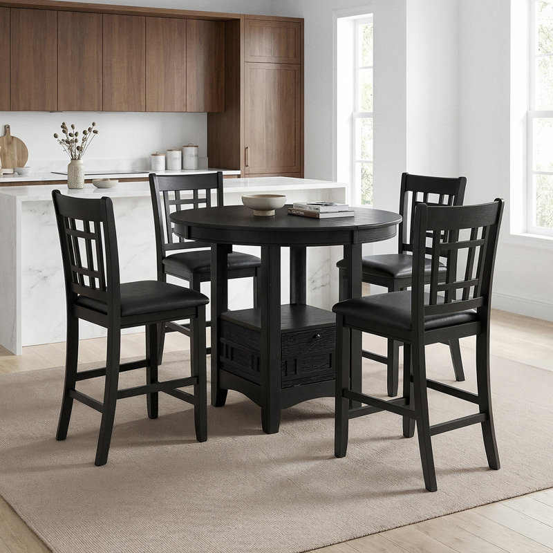 Ensemble de salle à manger Louroukina moderne et contemporain en placage de chêne, 5 pièces, avec table extensible ronde-ovale et 4 tabourets de bar rembourrés, 4 sièges