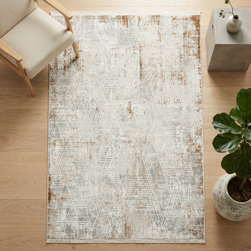 Tapis en microfibre ultra-douce beige et grise à motifs géométriques vieillis (2,6 pi x 4,9 pi)