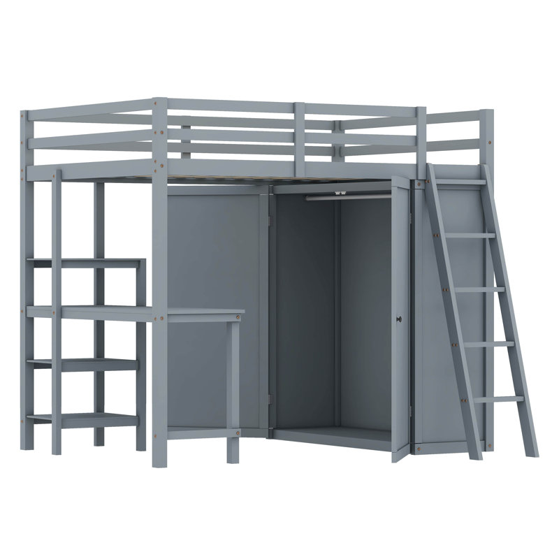 Lit mezzanine avec penderie et bureau Hayah, Double, gris