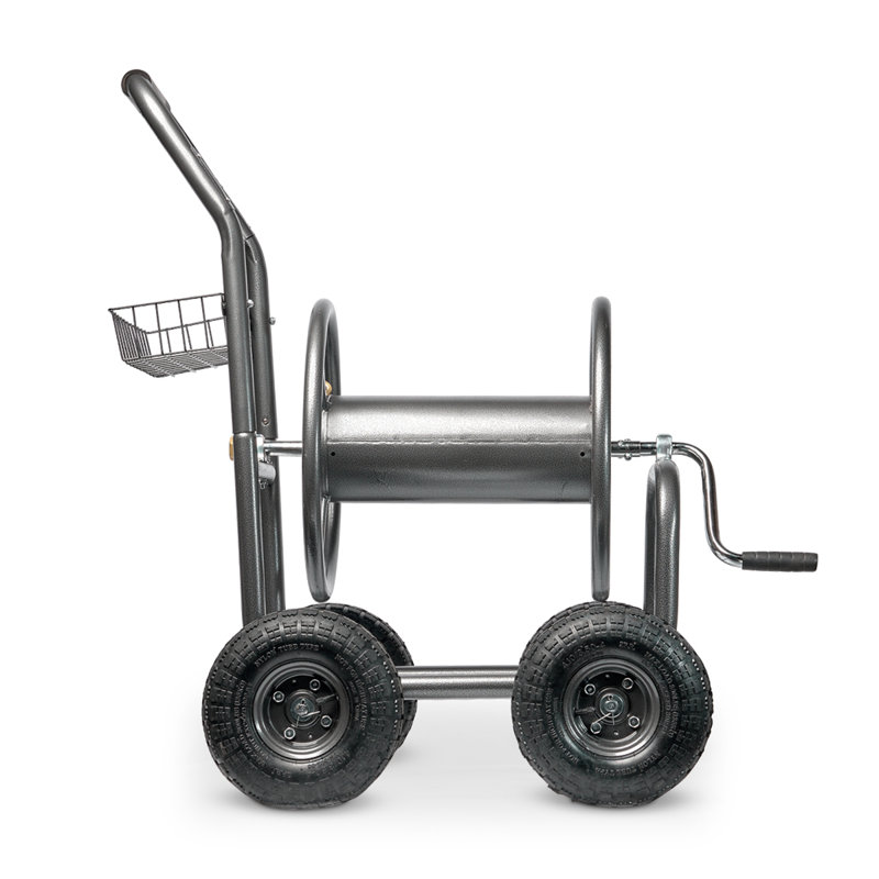 Heavy Duty Black Metal Garden Hose Reel Cart with Pneumatic Wheels