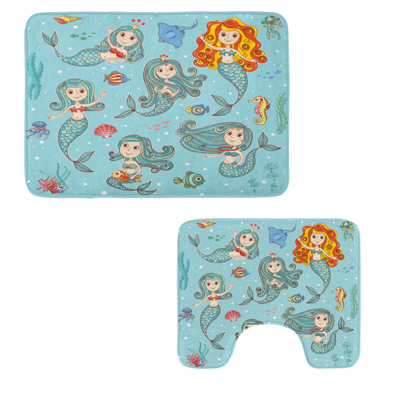  Tapis de salle de bain Mermaid - Ensemble de 2 tapis rectangulaires et contours orange et bleu sarcelle