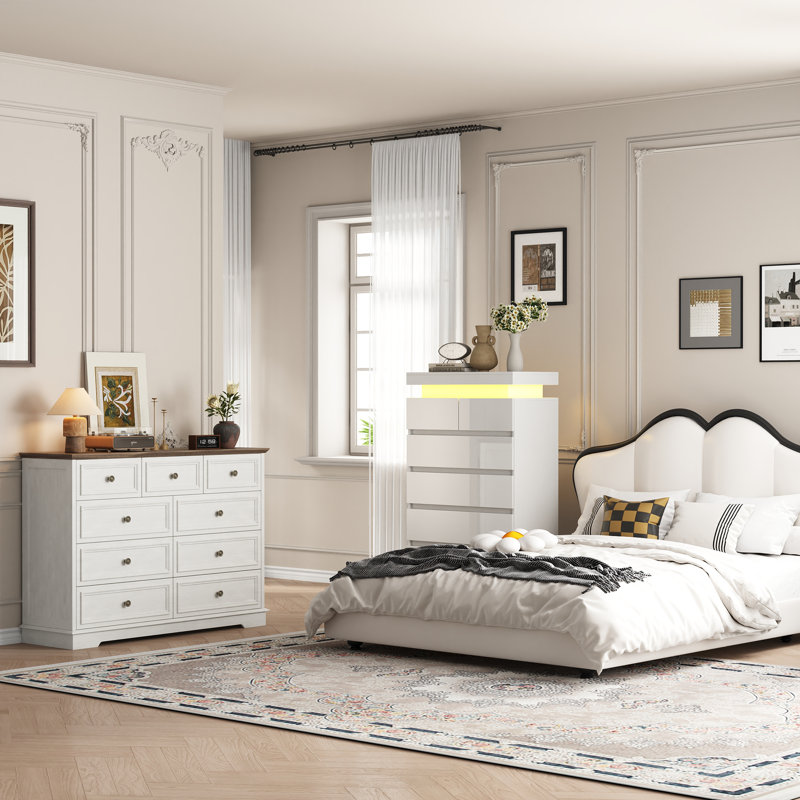 Ensemble de rangement vintage 2 pièces pour chambre à coucher avec commode haute à 6 tiroirs et commode à 9 tiroirs à éclairage DEL