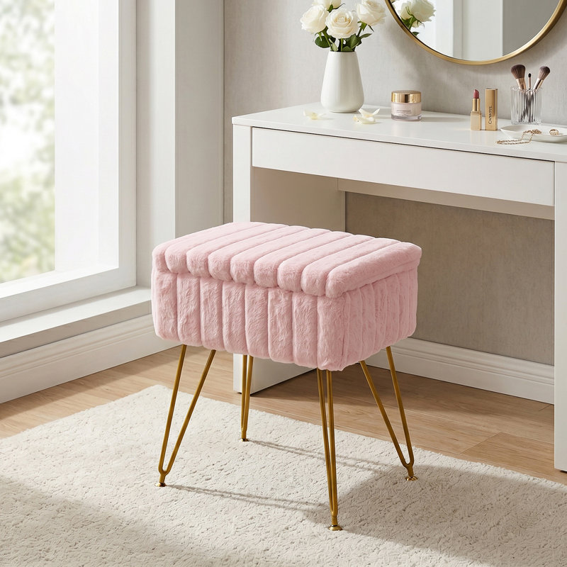 Solid Wood Accent Stool, Pink, Faux Fur