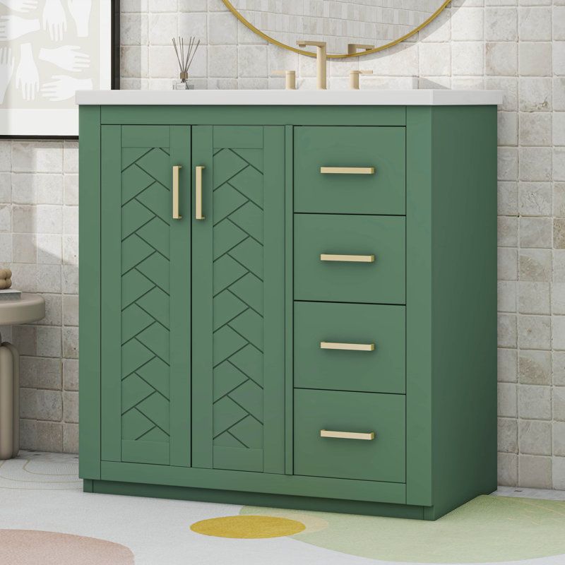 Ensemble de meuble-lavabo 30 po avec lavabo en céramique et porte à 3 tiroirs, Vert