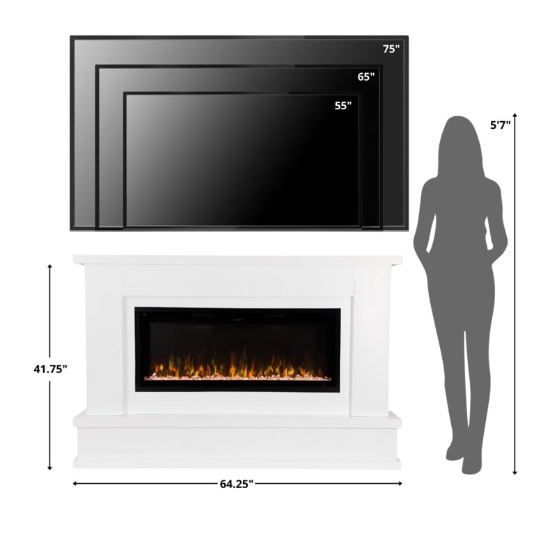 Modern Ember Patton 64" Mantel Package with 42" Electric Fireplace - Works w/ Alexa and Google Asst, White