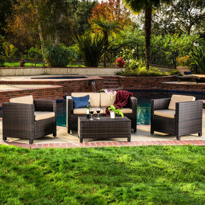 Mobilier de jardin moderne 4 pièces - Coussins brun foncé et couleur eau pour un confort optimal