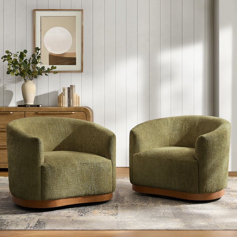 Berklie 31.5"W Modern Boucle Chenille Swivel Barrel Armchair With Ergonomic Backrest And Solid Wood Legs, Moss