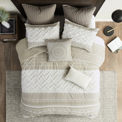 Housse de couette en coton très grand / très grand avec chenille - imprimé, dos taupe, attaches de coin en coton 3 pièces, attaches intérieures actualisées, lavable à la machine