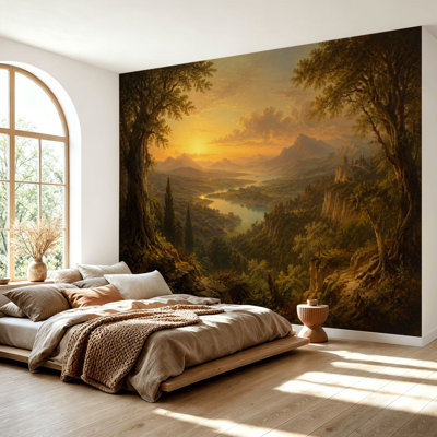 Papier peint adhésif peler et coller Idyllic Sunset Mountain Valley Serene Lake Greenery Papier autocollant amovible pour décoration murale de salon H 69 po x l 96 po