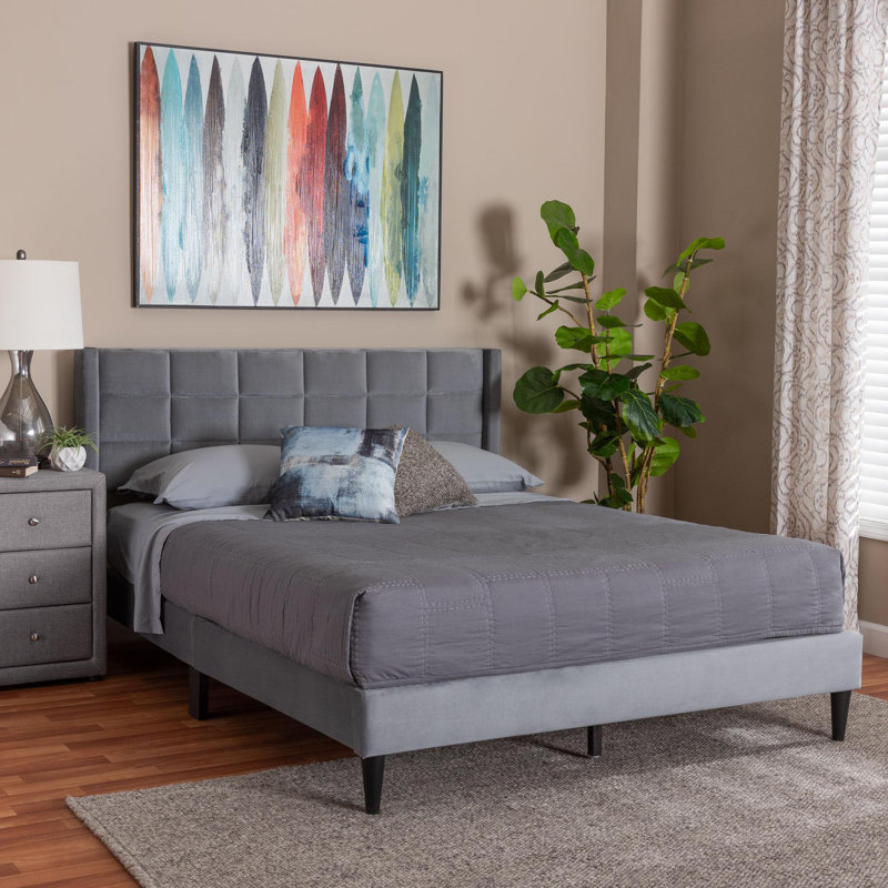 Grand lit Baxton Studio Payne moderne en velours gris glamour et bois brun foncé, Gris