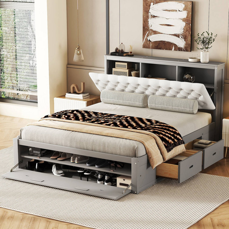 Lit plateforme en bois avec rangement pour chaussures avec tête de lit et 4 tiroirs, Gris