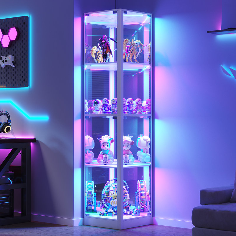Vitrine d'angle l 15,8 "avec portes en verre et lumière RVB, Blanc