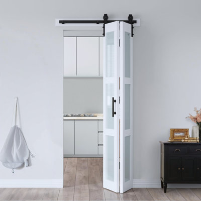 S&Z TOPHAND® White Bi-Fold Glass Sliding Folding Double Barn Door With Hardware Kit & Solid Handle,MDF With PVC Surface Complete Door, No Assembly Required