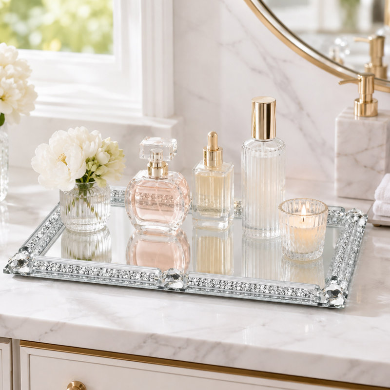 Silver Crystal Mirror Perfume Tray with Crushed Diamond Design