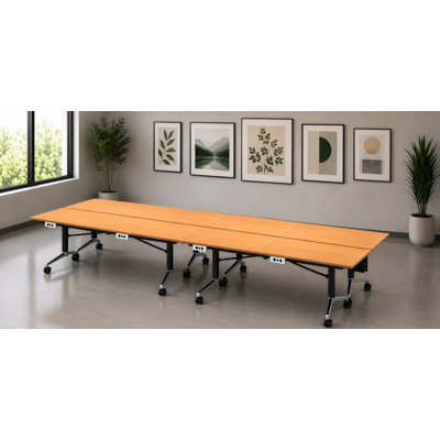 Tables de formation pliables pour 8 personnes, extra longues pour les colloques et les conférences avec plateau épais, couleur hêtre, pieds pliables et boîtiers électriques intégrés