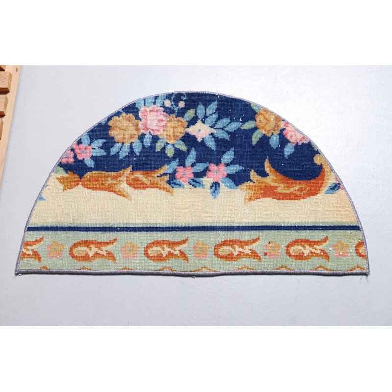 Vintage Small Round Turkish Oushak Rug - Tribal Blue Bathroom Carpet - Product Code 9533