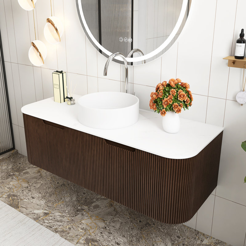 Meuble-lavabo mural 48 po pré-assemblé en grain de bois noyer foncé avec lavabo rond en céramique blanche, Brun