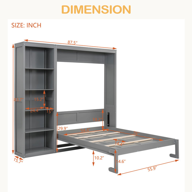 Lit escamotable double pleine grandeur avec tablettes, Gris, Lit double