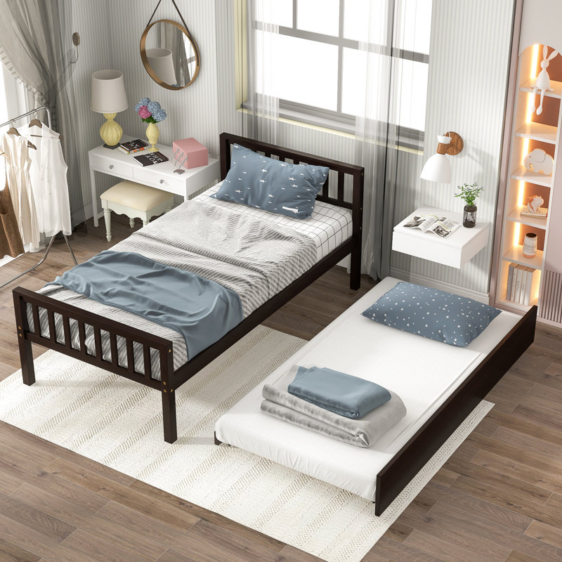 Lit simple avec lit gigogne, cadre de lit plateforme avec tête et pied de lit, pour un petit espace de vie dans la chambre à coucher, aucun sommier nécessaire, espresso (nouveau SKU: W504P148534)