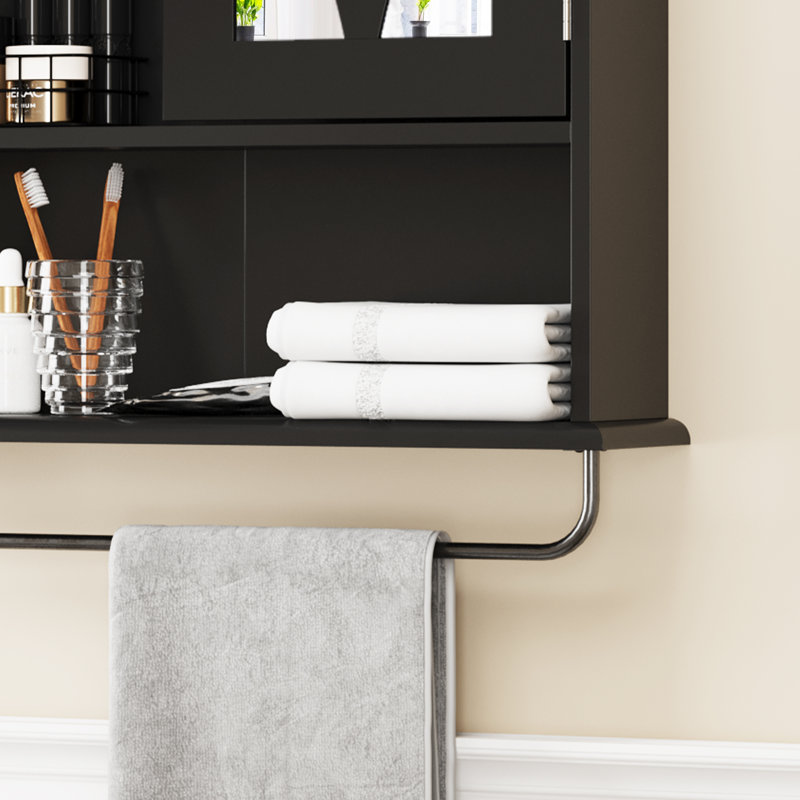 Wall Bathroom Cabinet with Towel Bar & Adjustable Shelves, Black