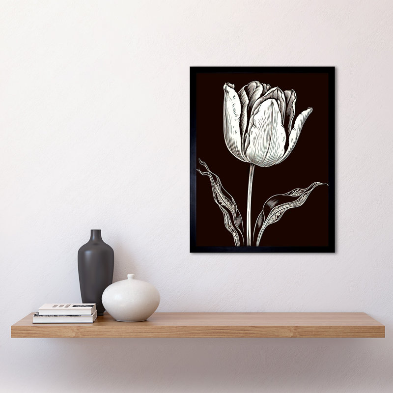 Aarzoo Tulip Flower Black And White Contour Folk Art - Single Picture Frame Print