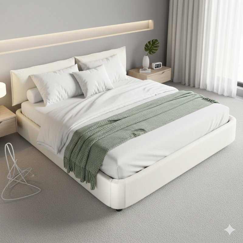Très grande base de lit de style très grand avec une tête de lit réglable généreusement rembourrée. Comprend un revêtement en chenille et des coins arrondis, soutenu par un système double de lattes en métal et en bois massif. Un sommier n'est pas requis. Couleur: beige / blanc.