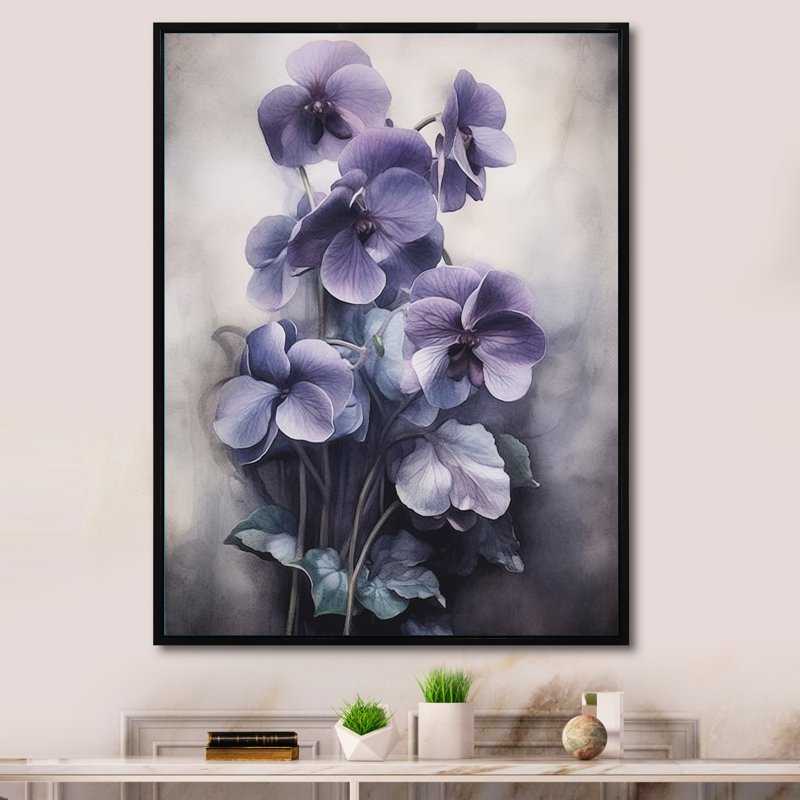 Mauve gris, violettes, rêve II - art mural floral, Cadre flottant noir, H 44 po x l 34 po x P 1,5 po