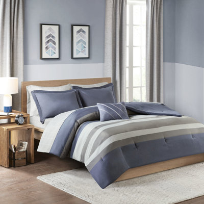 Full Blue Grey Striped Comforter And Sheet , Fill, , Consists Of Comforter, Shams, Pillow, Sheets, Pillowcases For A Graceful Bedroom & With All-Inclusive Bedding