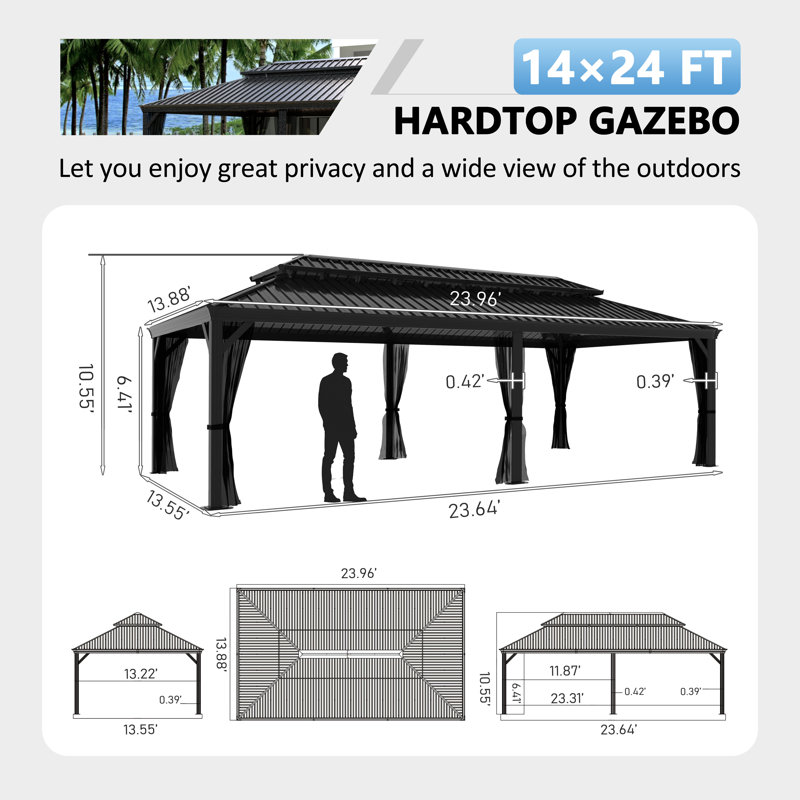 Hardtop Double-Roofed Aluminum Patio Gazebo Multiple Sizes, 24' W x 14' D