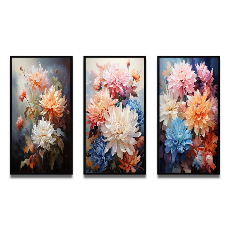 «Peach White Mums Romantic Impression», 3 pièces, Cadre flottant noir, H 28 po x l 36 po
