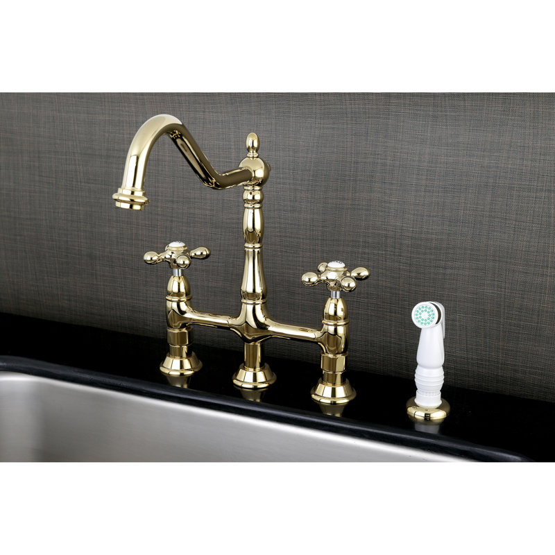Kingston Brass Heritage Two-Handle 2-Hole Deck Mount Bridge Kitchen Faucet, Polished Brass, Without Spray