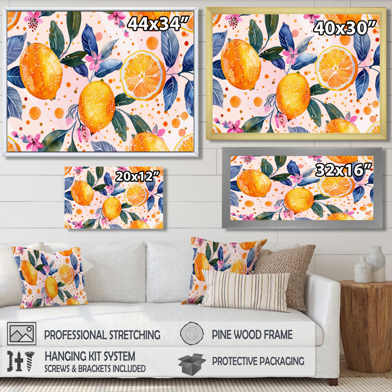 Jaune, jaune, floral, orange, arbres II - fruits, art mural, salon, Cadre simple noir, H 12 po x l 20 po x P 1 po