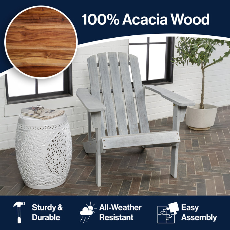 Westport Classic Solid Acacia Wood Outdoor Adirondack Chair, Gray Weather-Resistant Patio Lounge Chair for Deck, Garden, and Fire Pit
