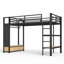 Lit simple avec très grand lit avec garde-robe, lit mezzanine en métal avec tablettes de rangement et panneau perforé, noir