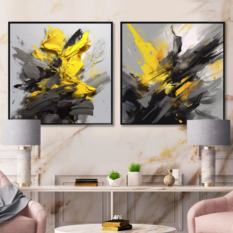 Tourbillons vibrants jaunes et gris - formes abstraites, ensemble de collage carré, Cadre flottant noir, H 16 po x l 33 po